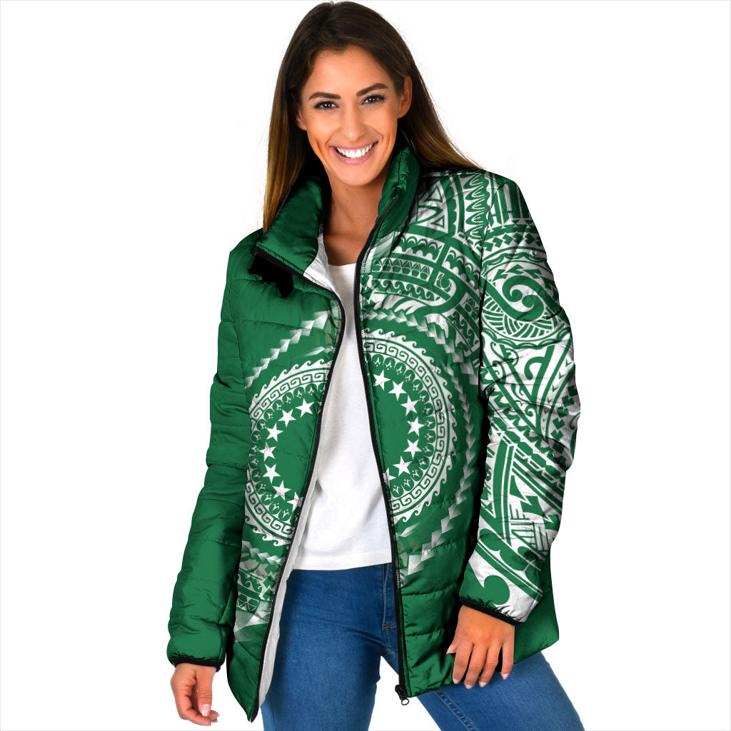 Cook Islands Gospel Day Padded Jacket Green Tribal Curves LT05 Women Green - Polynesian Pride