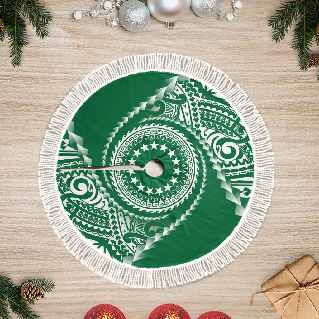 Cook Islands Gospel Day Tree Skirt Green Tribal Curves LT05 Fringed Green - Polynesian Pride