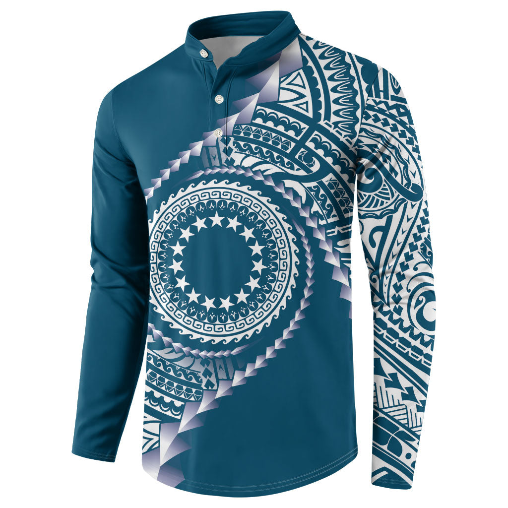 Cook Islands Gospel Day Button Sweatshirt Blue Tribal Curves LT05 - Polynesian Pride