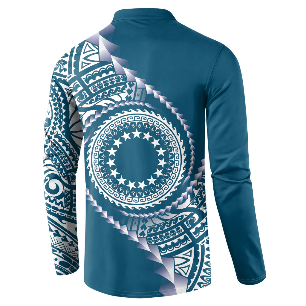 Cook Islands Gospel Day Button Sweatshirt Blue Tribal Curves LT05 - Polynesian Pride