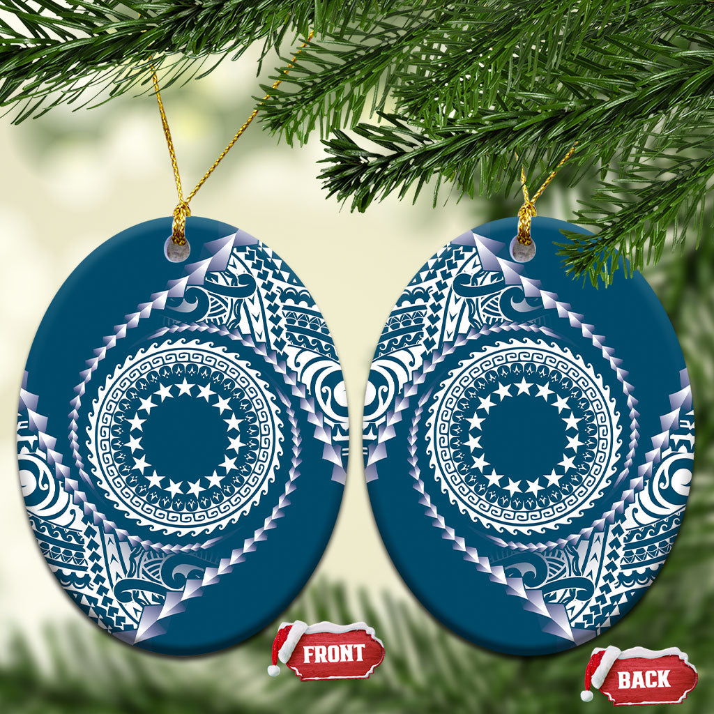 Cook Islands Gospel Day Ceramic Ornament Blue Tribal Curves LT05 Oval Blue - Polynesian Pride