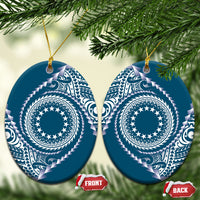 Cook Islands Gospel Day Ceramic Ornament Blue Tribal Curves LT05 Oval Blue - Polynesian Pride