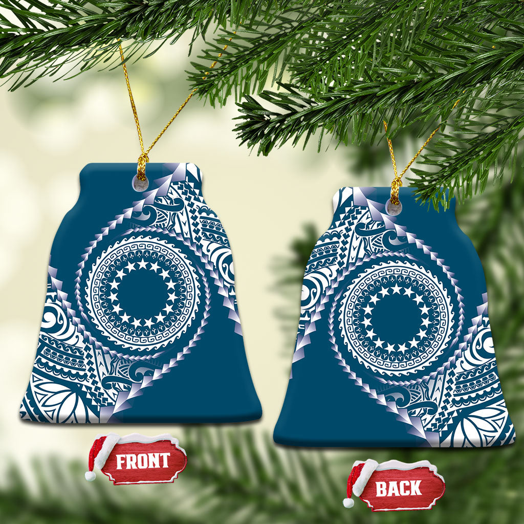 Cook Islands Gospel Day Ceramic Ornament Blue Tribal Curves LT05 Bell Flake Blue - Polynesian Pride