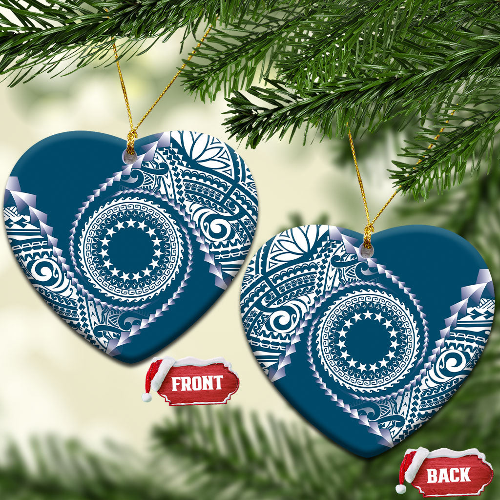 Cook Islands Gospel Day Ceramic Ornament Blue Tribal Curves LT05 Heart Blue - Polynesian Pride