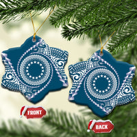 Cook Islands Gospel Day Ceramic Ornament Blue Tribal Curves LT05 Snow Flake Blue - Polynesian Pride