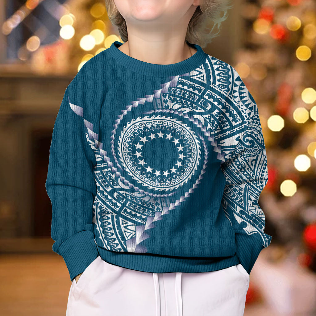 Cook Islands Gospel Day Kid Ugly Christmas Sweater Blue Tribal Curves LT05 - Polynesian Pride
