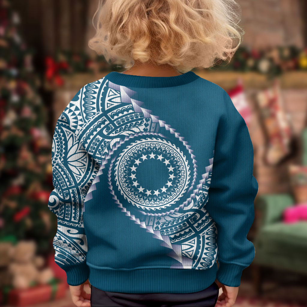 Cook Islands Gospel Day Kid Ugly Christmas Sweater Blue Tribal Curves LT05 - Polynesian Pride