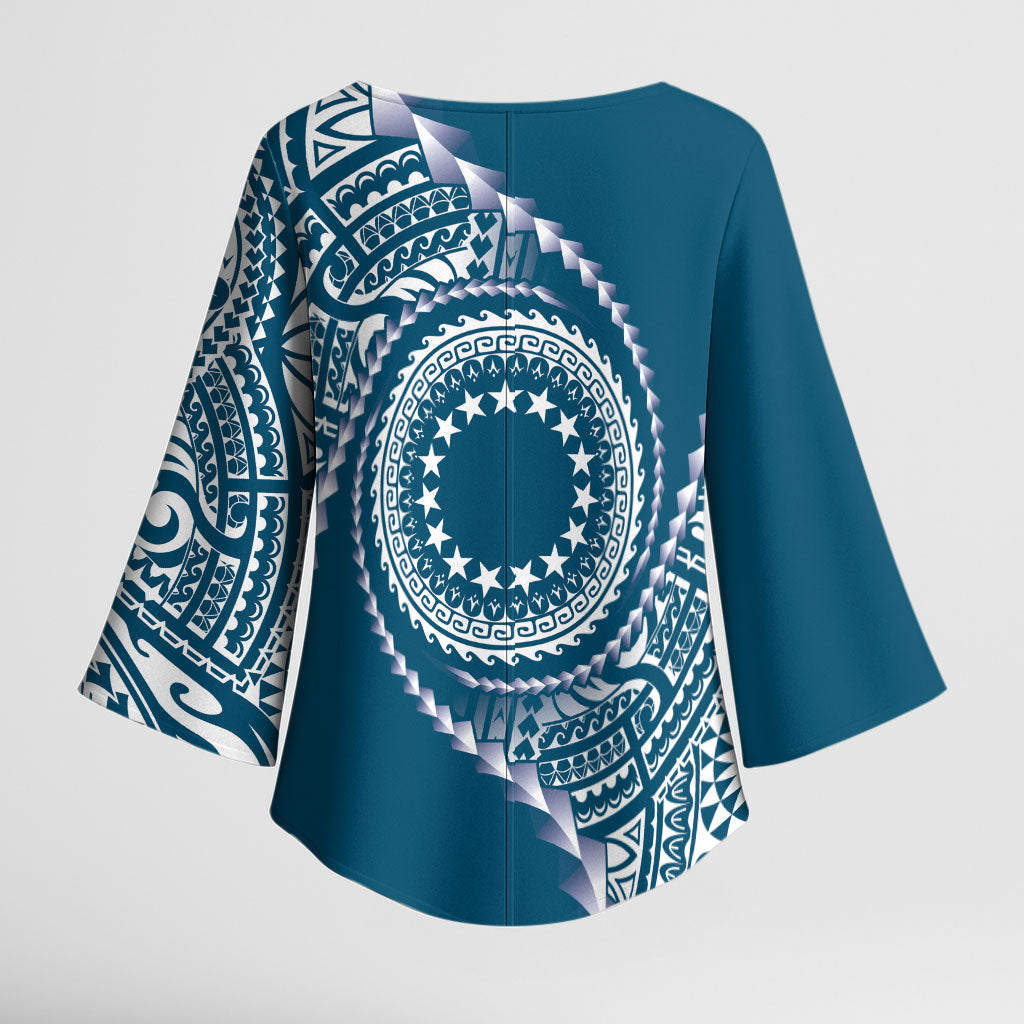 Cook Islands Gospel Day Kimono Sleeve Blouse Blue Tribal Curves LT05 - Polynesian Pride