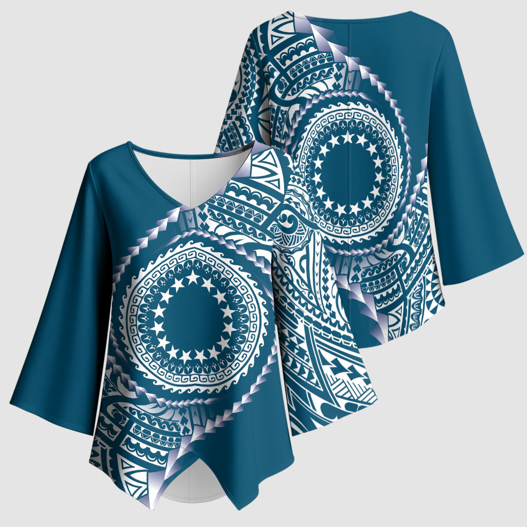 Cook Islands Gospel Day Kimono Sleeve Blouse Blue Tribal Curves LT05 - Polynesian Pride