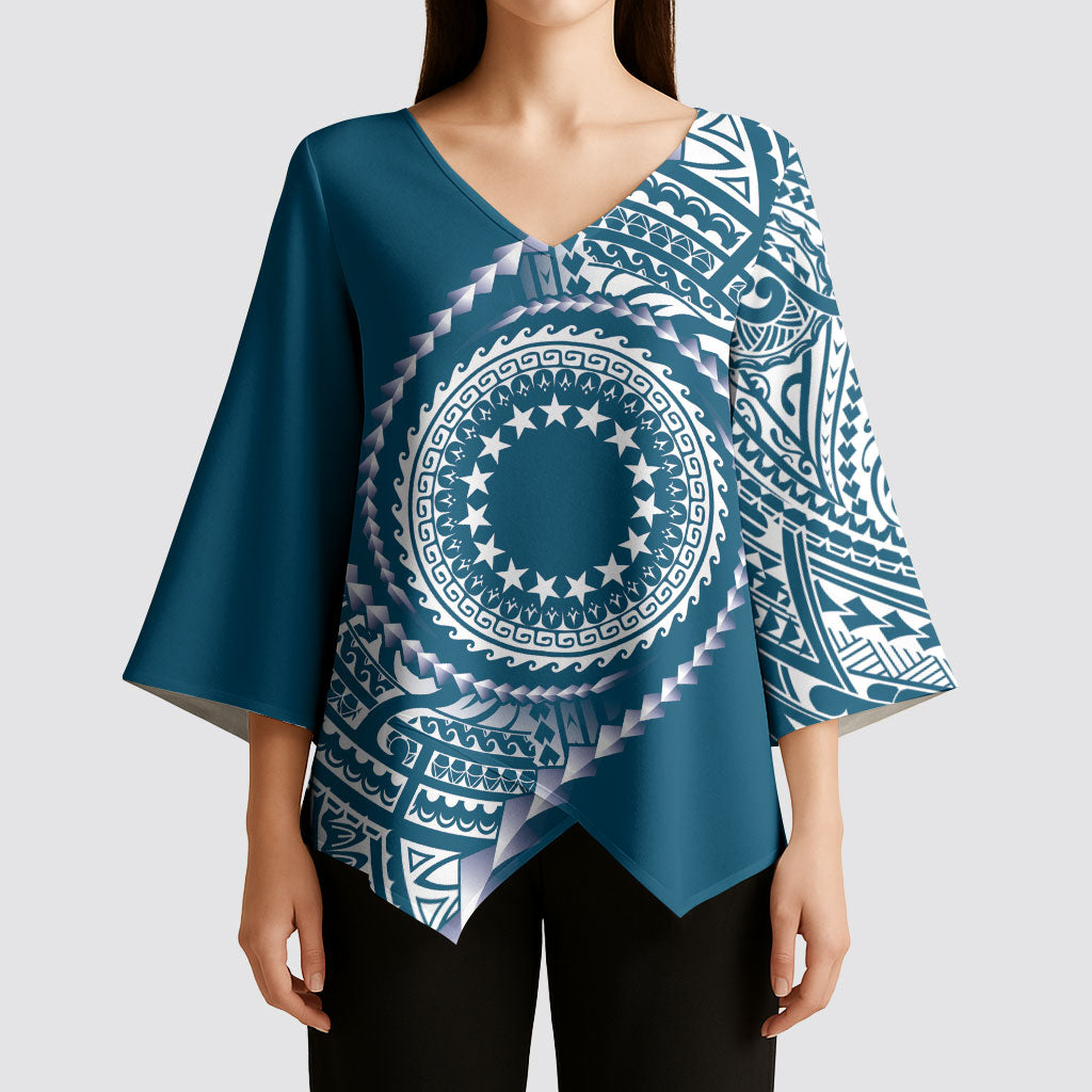 Cook Islands Gospel Day Kimono Sleeve Blouse Blue Tribal Curves LT05 - Polynesian Pride