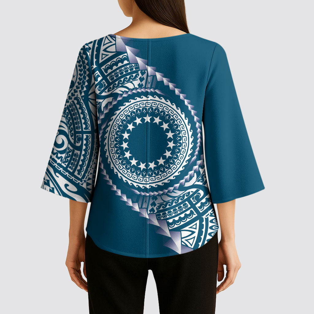 Cook Islands Gospel Day Kimono Sleeve Blouse Blue Tribal Curves LT05 - Polynesian Pride