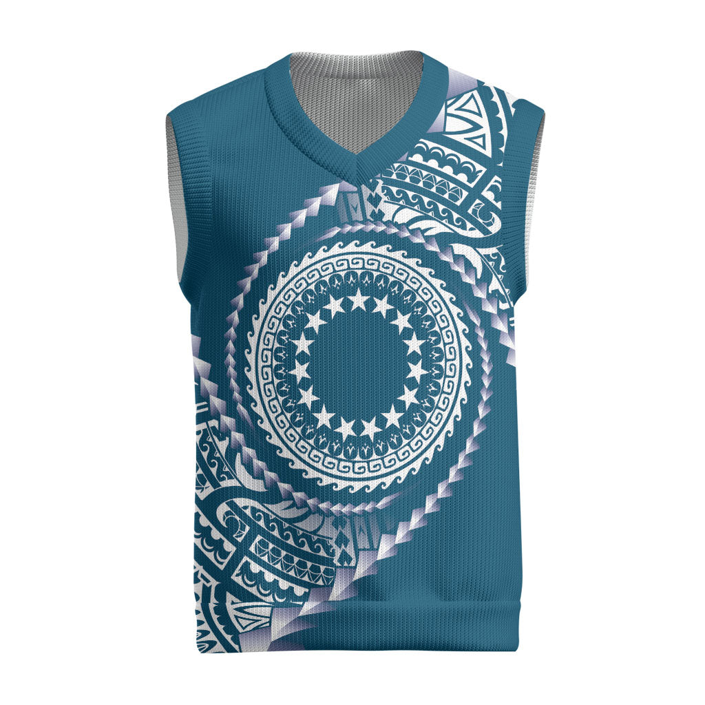 Cook Islands Gospel Day Christmas Knitted V-Neck Vest Blue Tribal Curves LT05 Blue - Polynesian Pride