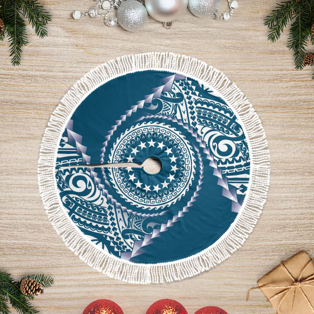 Cook Islands Gospel Day Tree Skirt Blue Tribal Curves LT05 Fringed Blue - Polynesian Pride