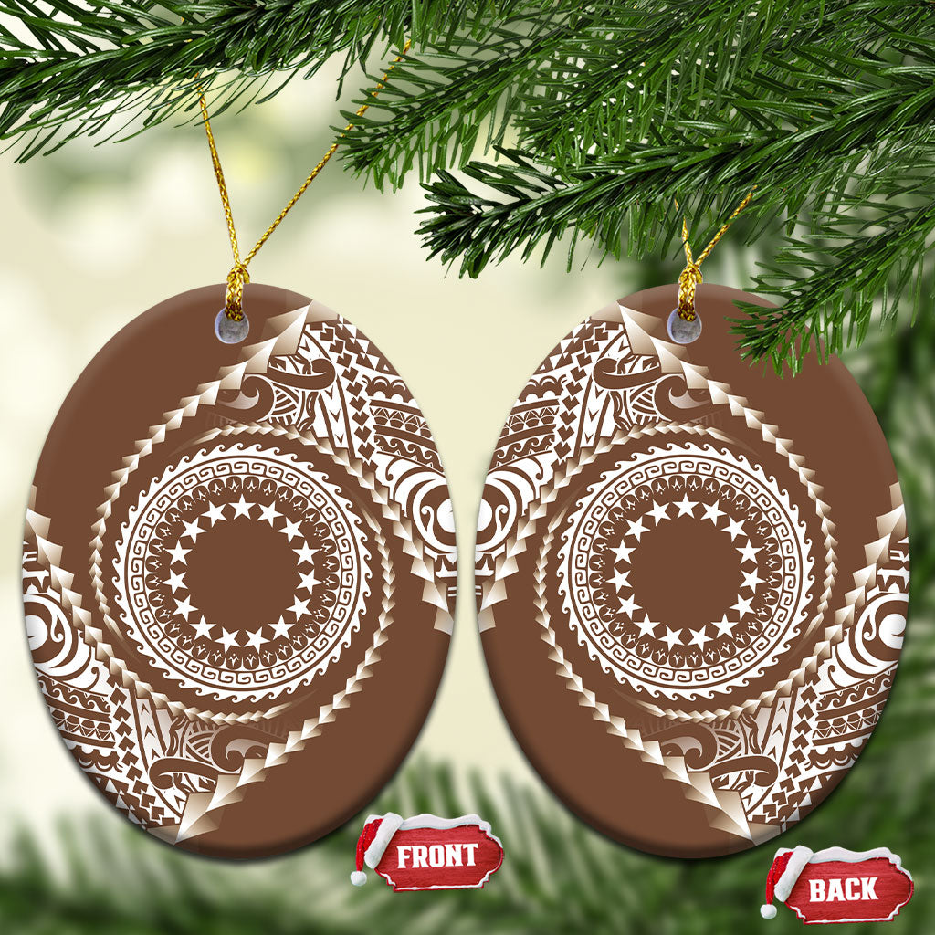 Cook Islands Gospel Day Ceramic Ornament Brown Tribal Curves LT05 Oval Brown - Polynesian Pride