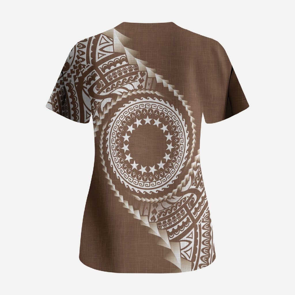 Cook Islands Gospel Day Scrub Top Brown Tribal Curves LT05 - Polynesian Pride