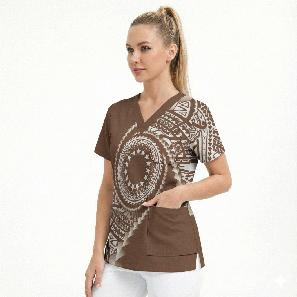 Cook Islands Gospel Day Scrub Top Brown Tribal Curves LT05 - Polynesian Pride