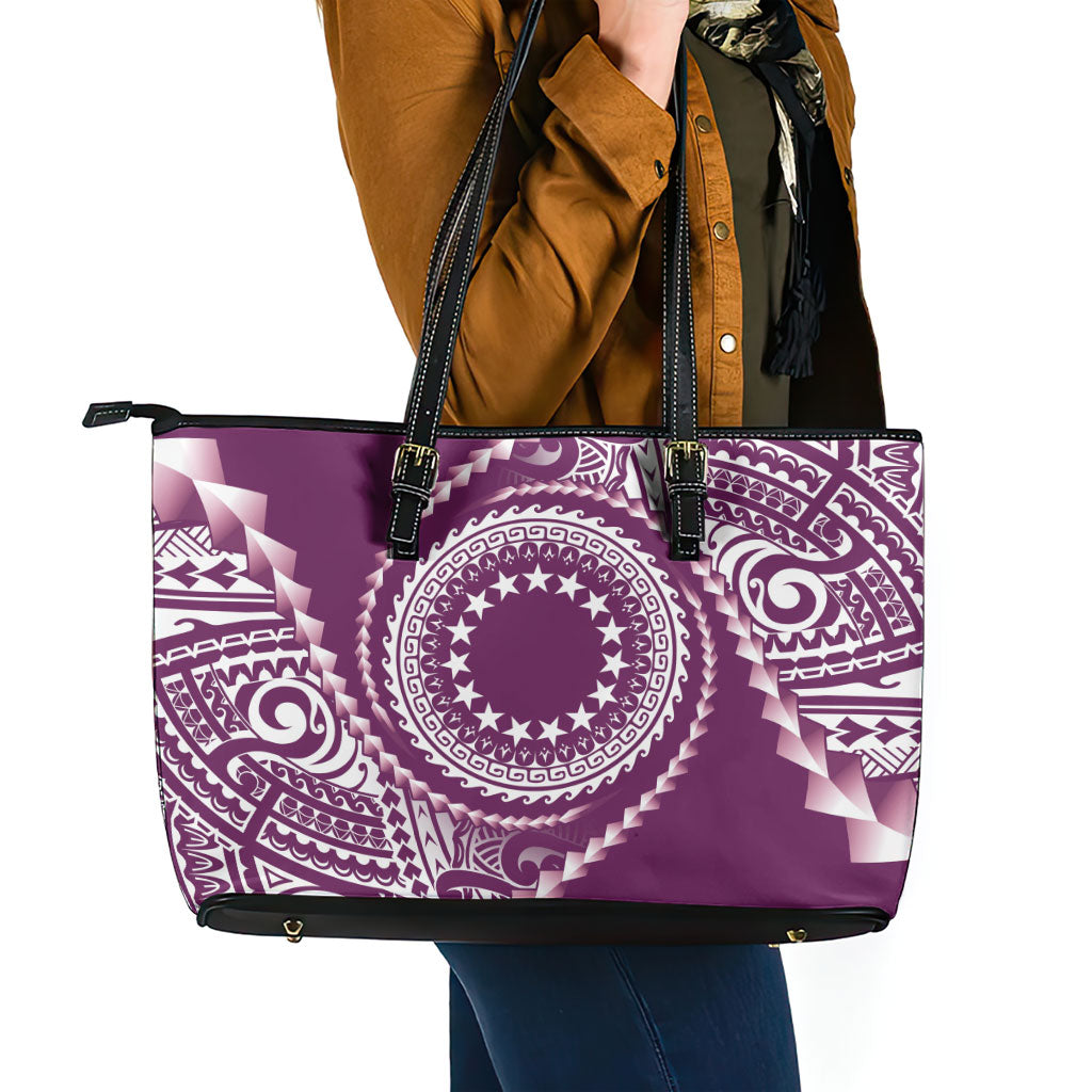 Cook Islands Gospel Day Leather Tote Bag Maroon Tribal Curves LT05 - Polynesian Pride