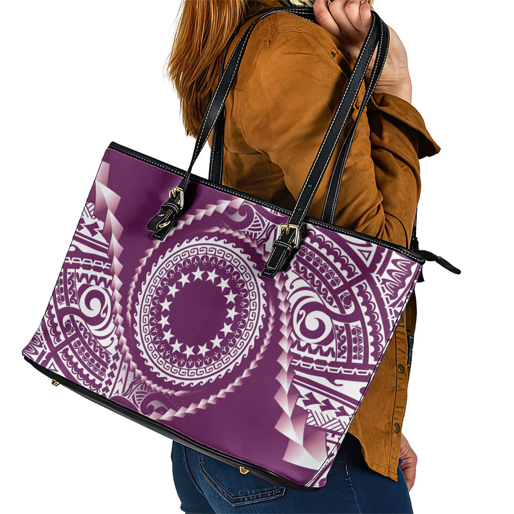 Cook Islands Gospel Day Leather Tote Bag Maroon Tribal Curves LT05 - Polynesian Pride