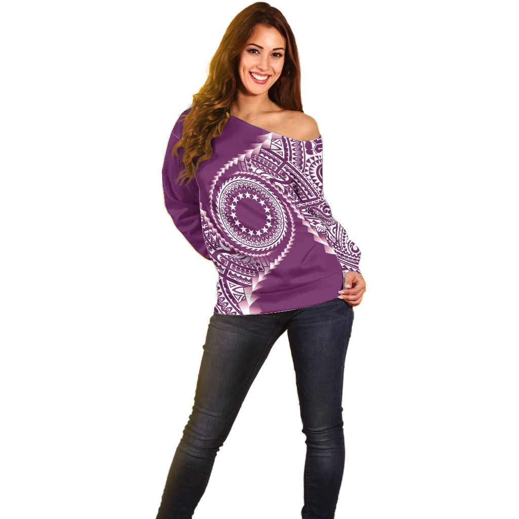 Cook Islands Gospel Day Off Shoulder Sweater Maroon Tribal Curves LT05 - Polynesian Pride