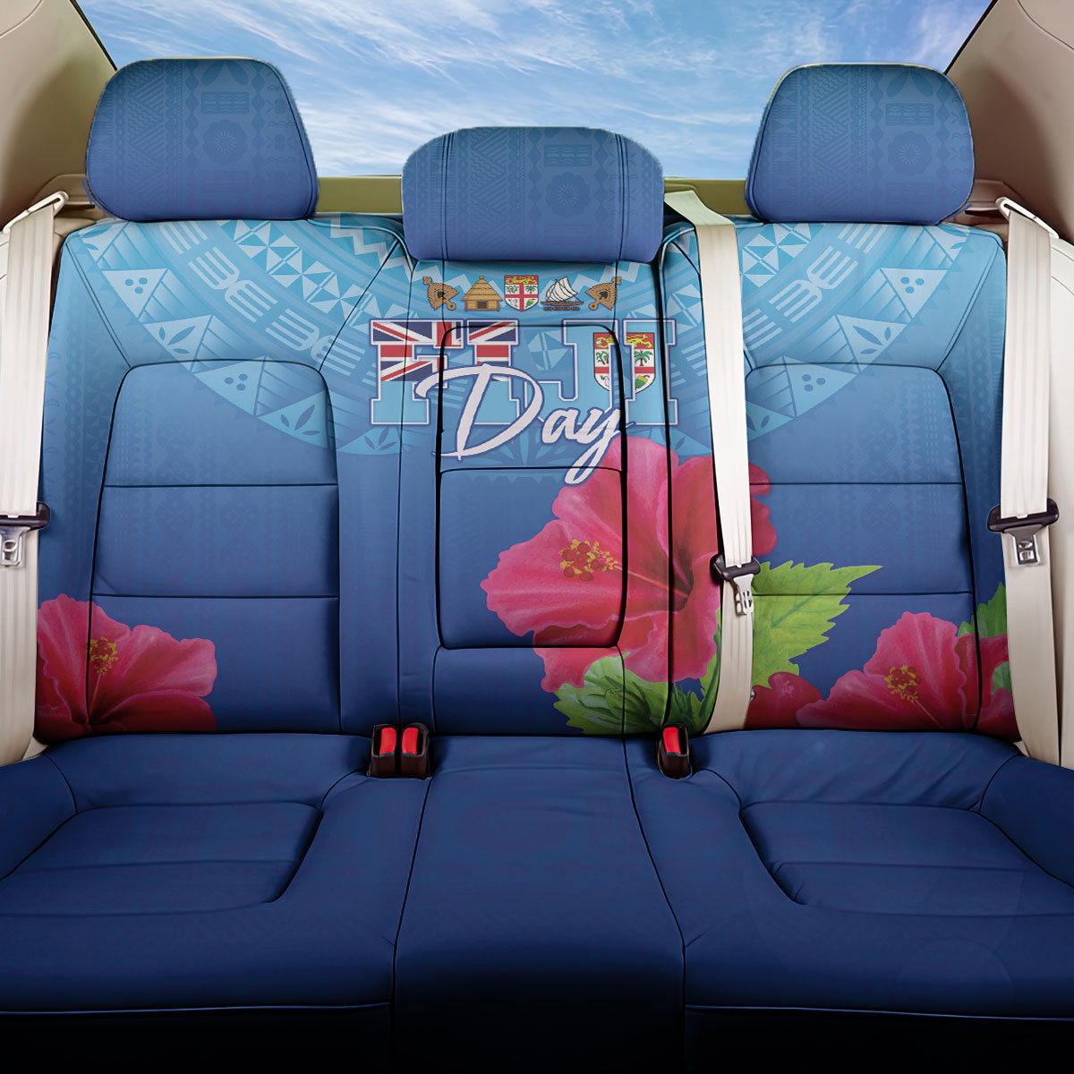 Bula Fiji Day Back Car Seat Cover Traditional Tapa Pattern With Hibiscus LT05 One Size Blue - Polynesian Pride