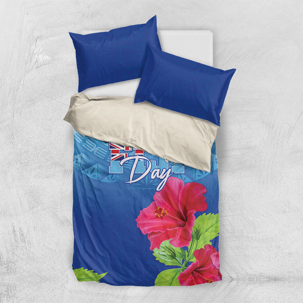 Bula Fiji Day Bedding Set Traditional Tapa Pattern With Hibiscus LT05 US Twin 172cm x 218cm Blue - Polynesian Pride