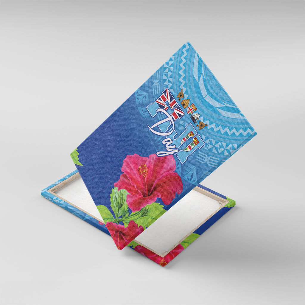 Bula Fiji Day Canvas Wall Art Traditional Tapa Pattern With Hibiscus LT05 With Frame Blue - Polynesian Pride