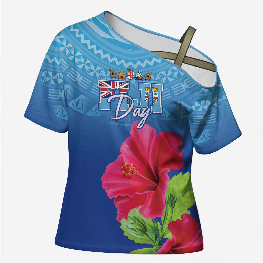 Bula Fiji Day Cross Shoulder Shirt Traditional Tapa Pattern With Hibiscus LT05 Female Blue - Polynesian Pride