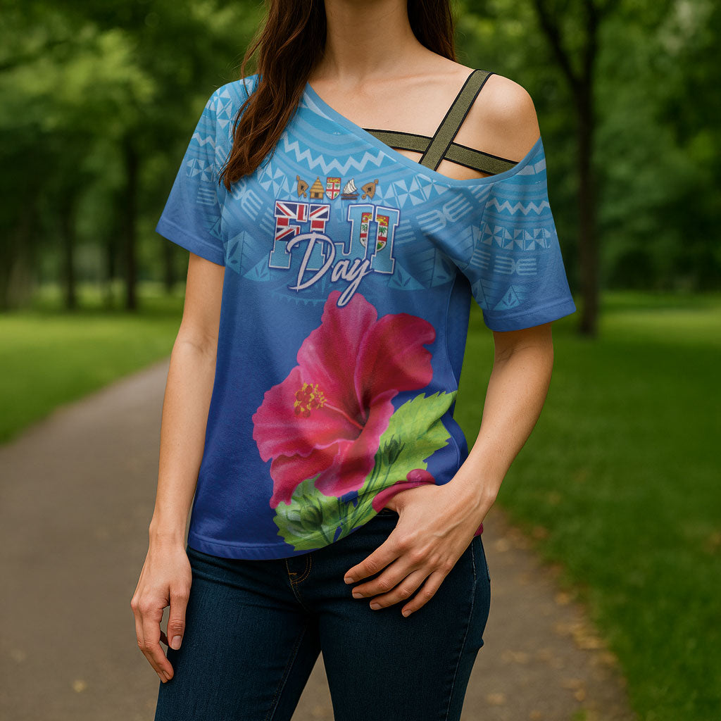 Bula Fiji Day Cross Shoulder Shirt Traditional Tapa Pattern With Hibiscus LT05 - Polynesian Pride