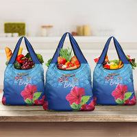 Bula Fiji Day Grocery Bag Traditional Tapa Pattern With Hibiscus LT05 3-pack One Size Blue - Polynesian Pride