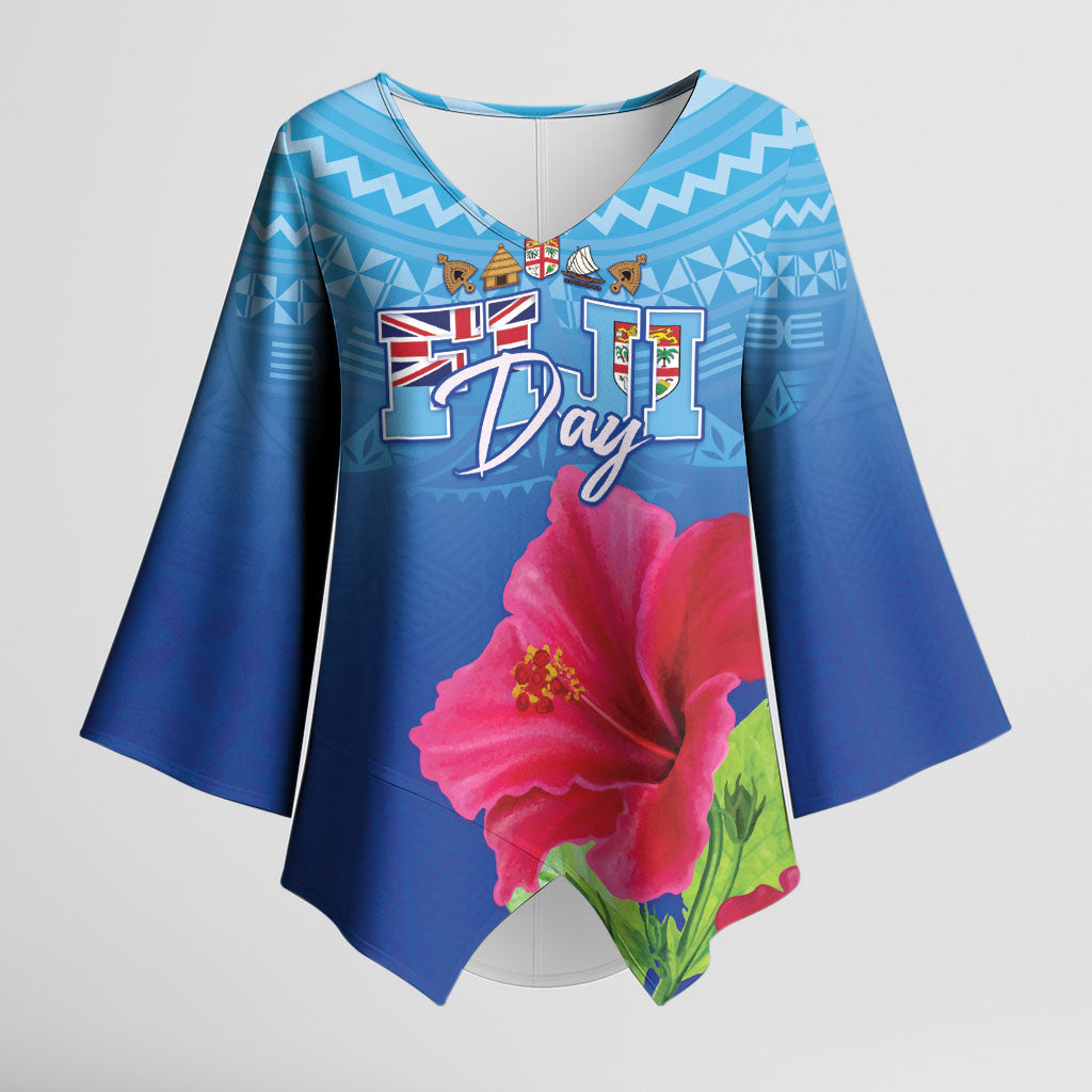 Bula Fiji Day Kimono Sleeve Blouse Traditional Tapa Pattern With Hibiscus LT05 Female Blue - Polynesian Pride