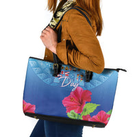 Bula Fiji Day Leather Tote Bag Traditional Tapa Pattern With Hibiscus LT05 Blue - Polynesian Pride