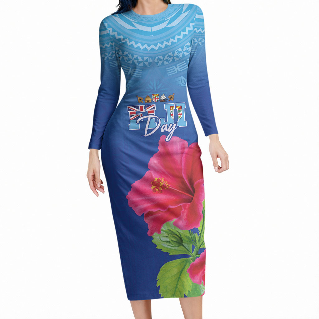 Bula Fiji Day Long Sleeve Bodycon Dress Traditional Tapa Pattern With Hibiscus