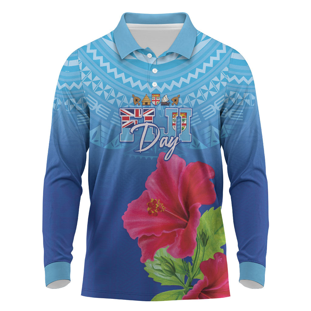 Bula Fiji Day Long Sleeve Polo Shirt Traditional Tapa Pattern With Hibiscus