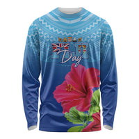 Bula Fiji Day Long Sleeve Shirt Traditional Tapa Pattern With Hibiscus LT05 Unisex Blue - Polynesian Pride