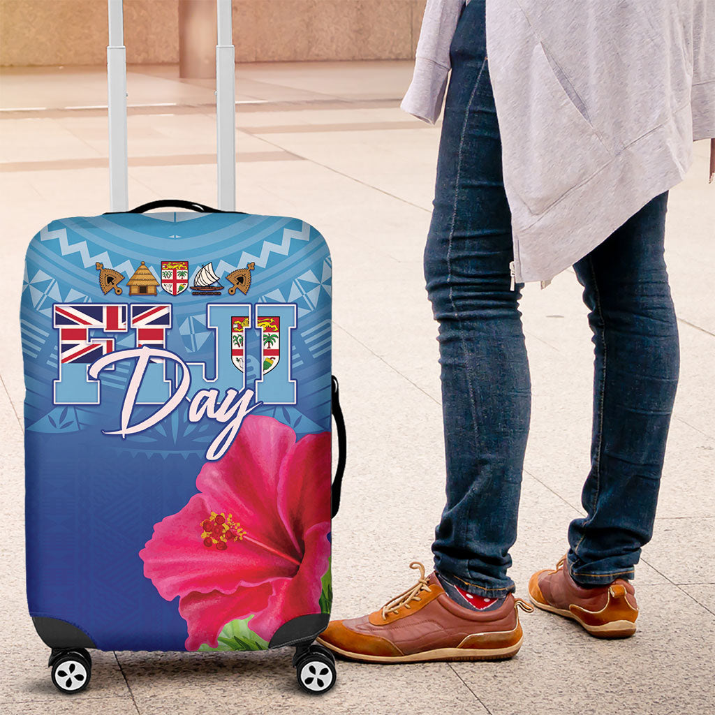Bula Fiji Day Luggage Cover Traditional Tapa Pattern With Hibiscus LT05 Blue - Polynesian Pride