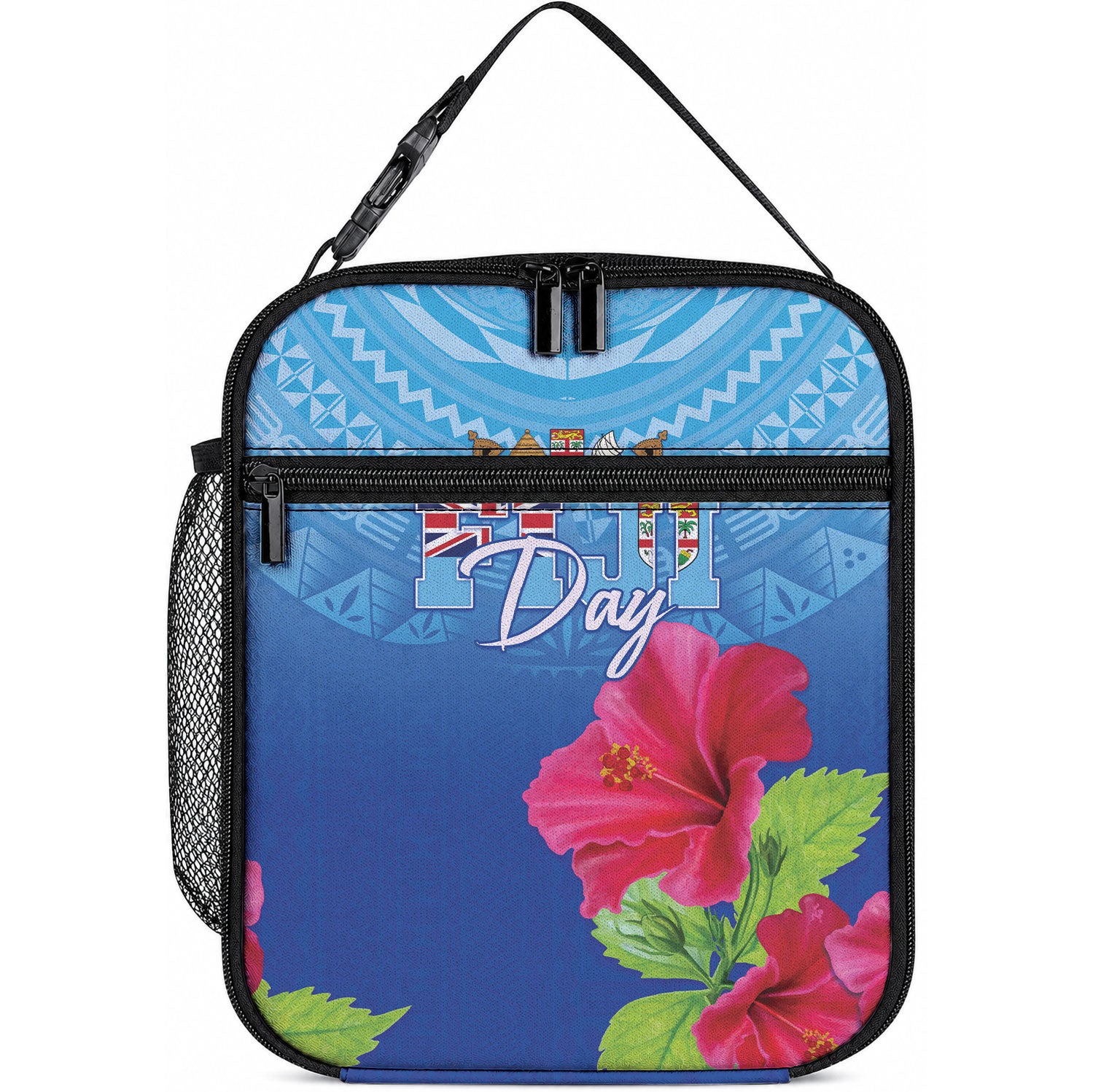 Bula Fiji Day Lunch Bag Traditional Tapa Pattern With Hibiscus LT05 10.2 × 8.3 × 4.3 inch Blue - Polynesian Pride