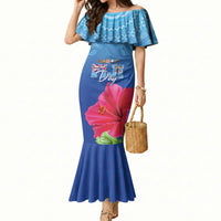 Bula Fiji Day Mermaid Dress Traditional Tapa Pattern With Hibiscus LT05 Women Blue - Polynesian Pride