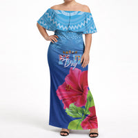 Bula Fiji Day Off Shoulder Maxi Dress Traditional Tapa Pattern With Hibiscus LT05 Women Blue - Polynesian Pride