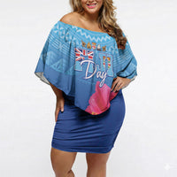 Bula Fiji Day Off Shoulder Short Dress Traditional Tapa Pattern With Hibiscus LT05 Women Blue - Polynesian Pride