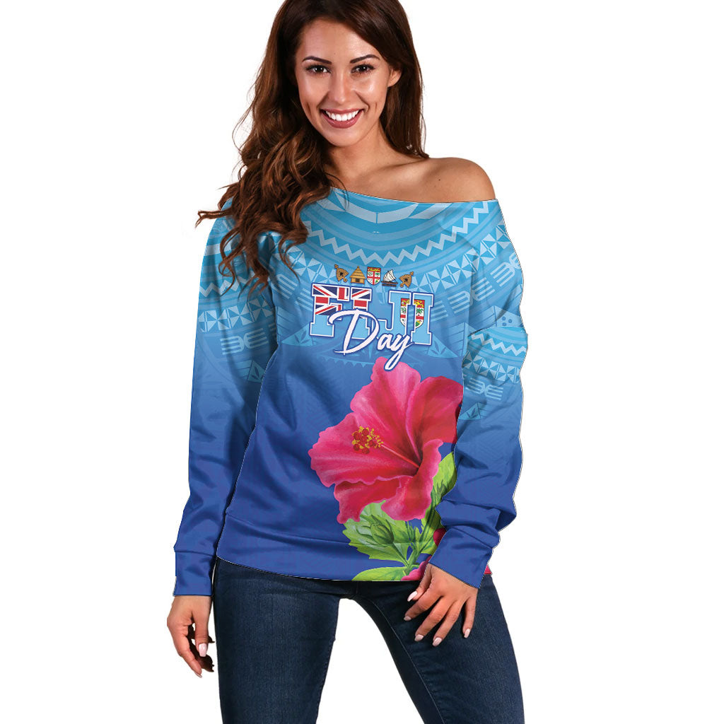Bula Fiji Day Off Shoulder Sweater Traditional Tapa Pattern With Hibiscus LT05 Women Blue - Polynesian Pride