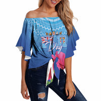 Bula Fiji Day Off Shoulder Wrap Waist Top Traditional Tapa Pattern With Hibiscus LT05 Blue - Polynesian Pride