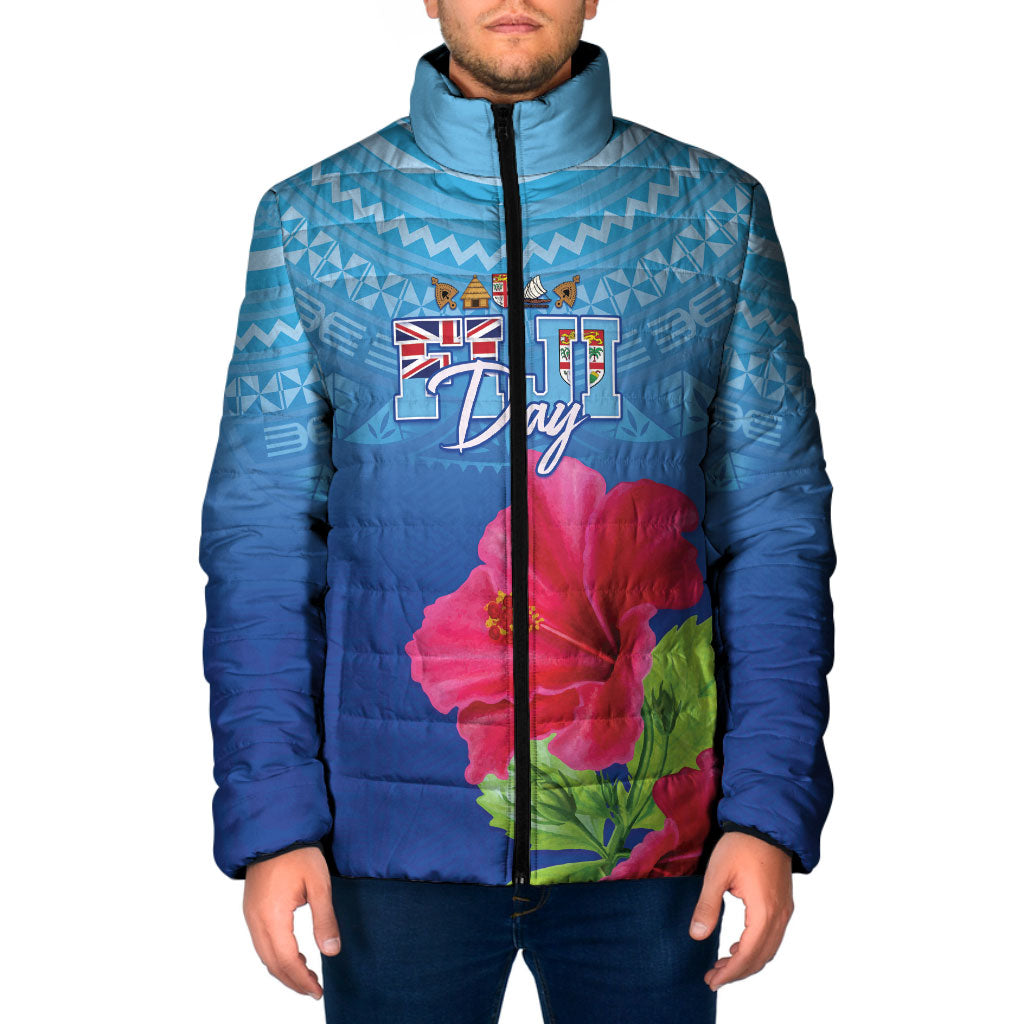 Bula Fiji Day Padded Jacket Traditional Tapa Pattern With Hibiscus LT05 Men Blue - Polynesian Pride