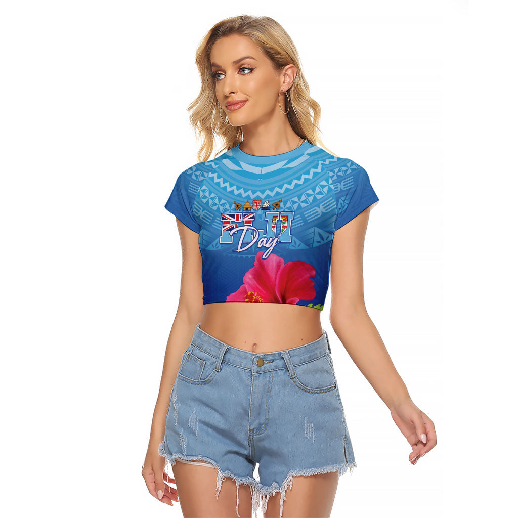 Bula Fiji Day Raglan Cropped T Shirt Traditional Tapa Pattern With Hibiscus LT05 Female Blue - Polynesian Pride
