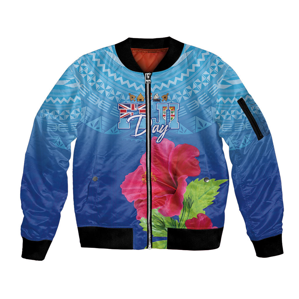 Bula Fiji Day Sleeve Zip Bomber Jacket Traditional Tapa Pattern With Hibiscus LT05 Unisex Blue - Polynesian Pride