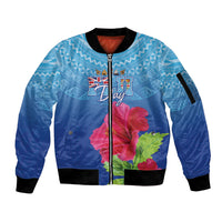 Bula Fiji Day Sleeve Zip Bomber Jacket Traditional Tapa Pattern With Hibiscus LT05 Unisex Blue - Polynesian Pride
