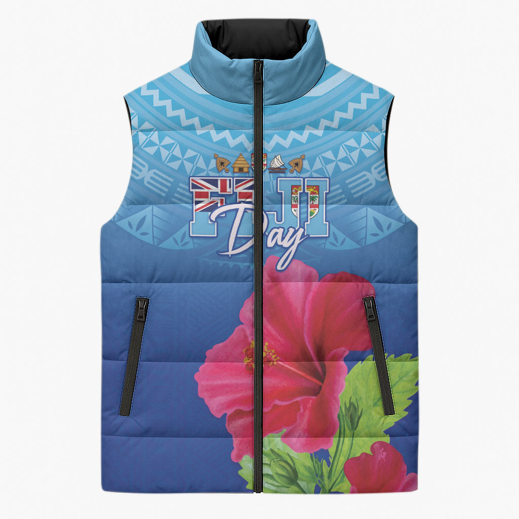 Bula Fiji Day Sleeveless Puffer Jacket Traditional Tapa Pattern With Hibiscus LT05 Unisex Blue - Polynesian Pride