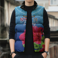 Bula Fiji Day Sleeveless Puffer Jacket Traditional Tapa Pattern With Hibiscus LT05 - Polynesian Pride