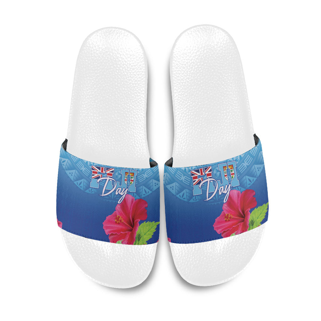 Bula Fiji Day Slide Sandals Traditional Tapa Pattern With Hibiscus LT05 Blue - Polynesian Pride