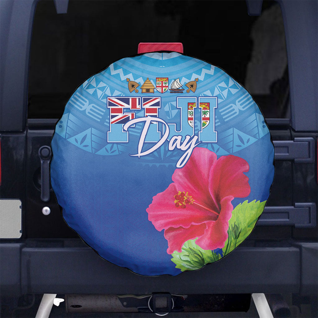 Bula Fiji Day Spare Tire Cover Traditional Tapa Pattern With Hibiscus LT05 No hole Blue - Polynesian Pride