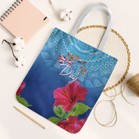 Bula Fiji Day Tote Bag Traditional Tapa Pattern With Hibiscus LT05 White Strap One Size Blue - Polynesian Pride
